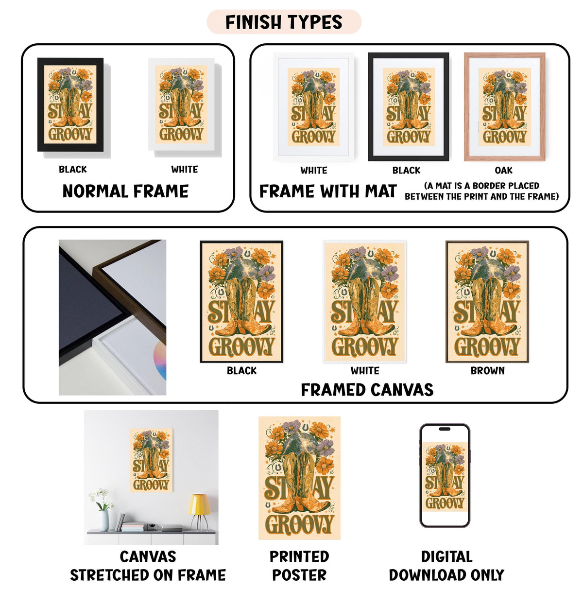 various types of artwork, including framed prints, canvas prints, and digital prints, all featuring the same design and color scheme.