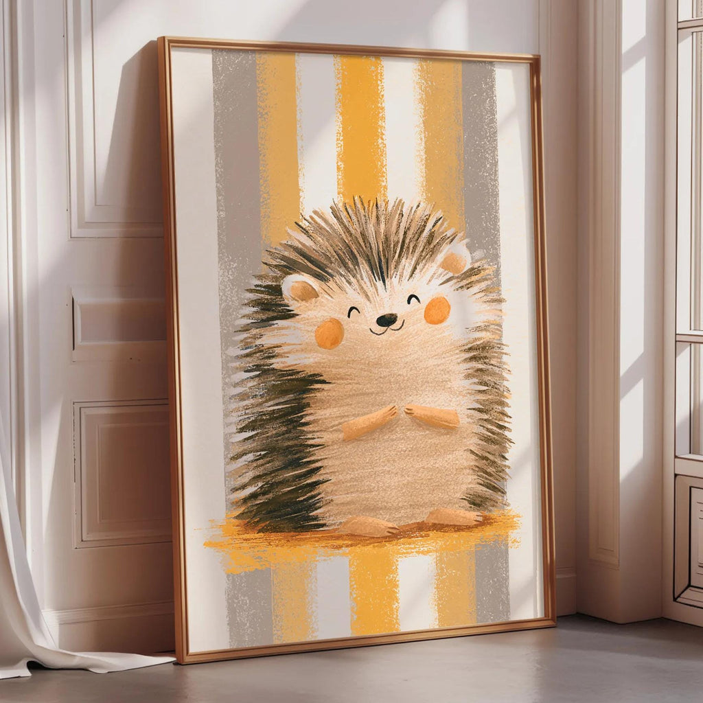 A framed illustration of a smiling hedgehog is displayed on a wall in a room with a window.