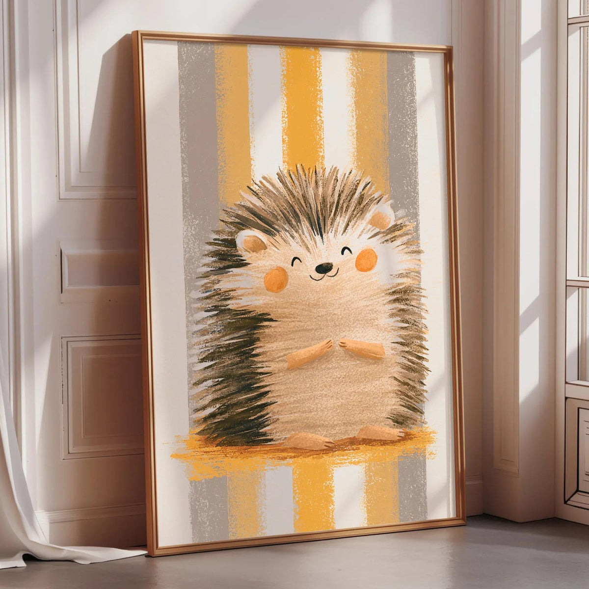 A framed illustration of a smiling hedgehog is displayed on a wall in a room with a window.
