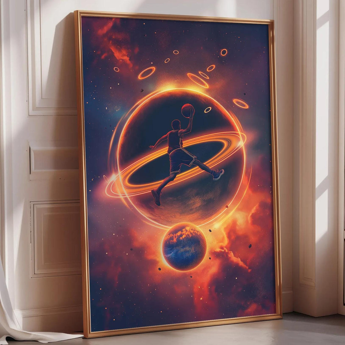 The image is a framed poster depicting a basketball player in mid-air, surrounded by a cosmic scene with planets, stars, and a ring system.