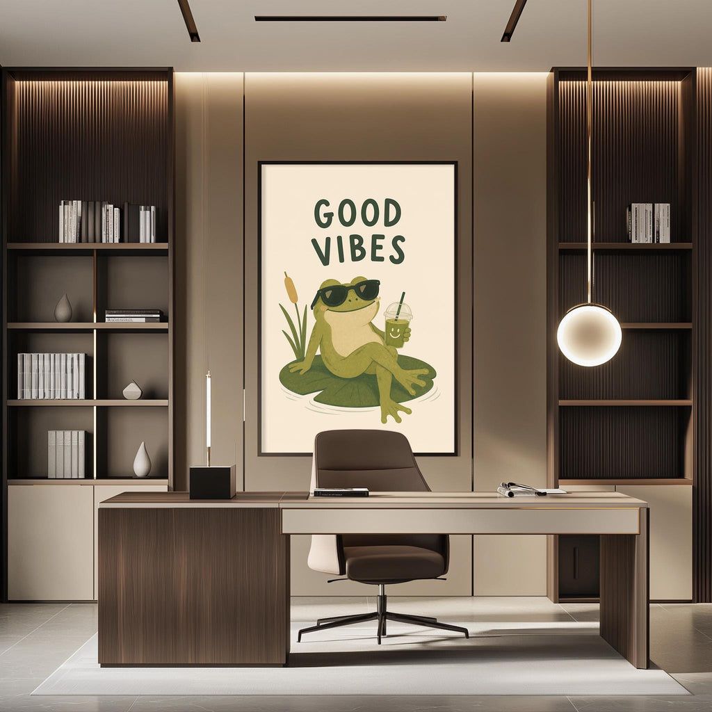 a modern office space with a large framed poster of a frog wearing sunglasses and holding a drink, which says "GOOD VIBES". The office has a wooden desk, a chair, and a bookshelf with various books and decorative items.