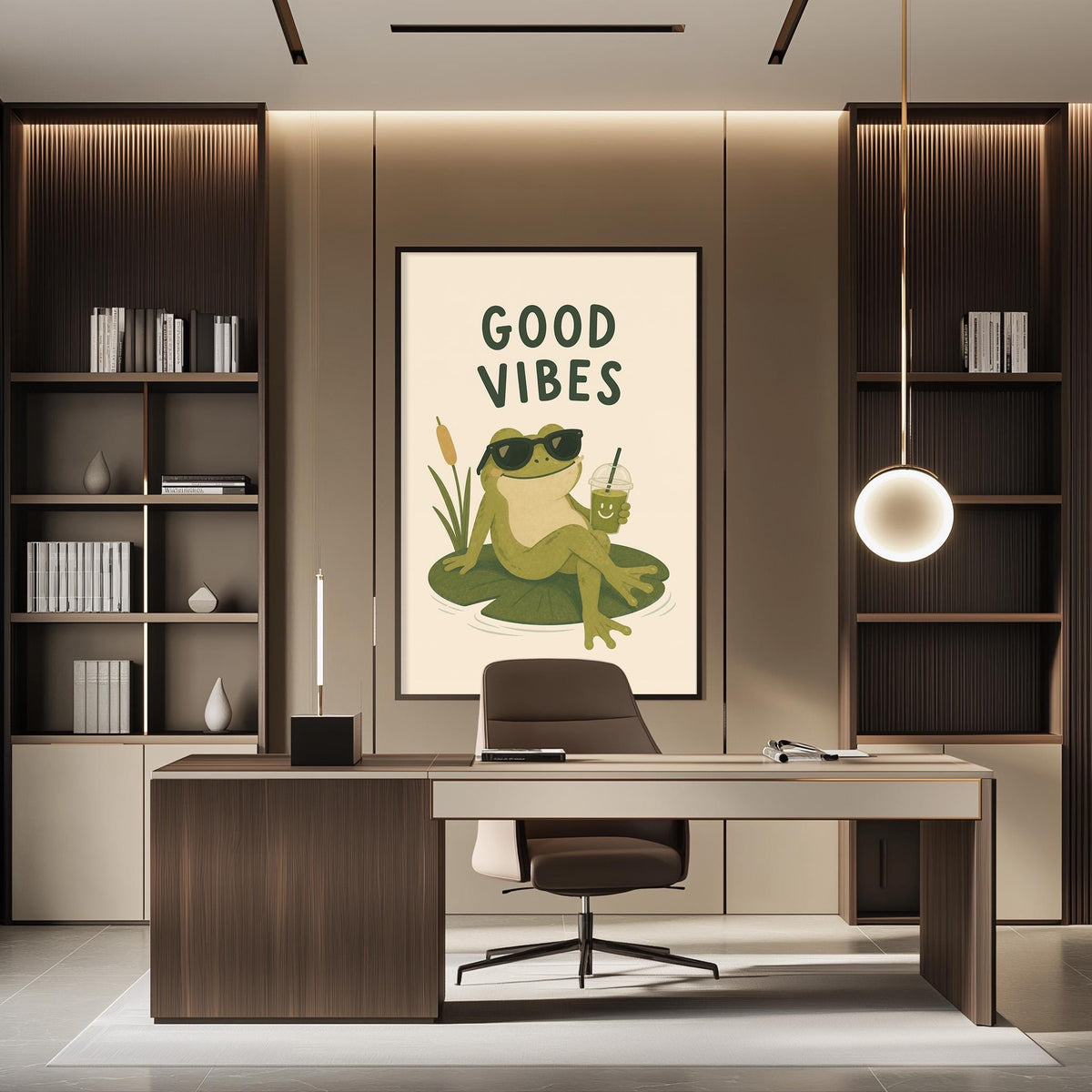 a modern office space with a large framed poster of a frog wearing sunglasses and holding a drink, which says "GOOD VIBES". The office has a wooden desk, a chair, and a bookshelf with various books and decorative items.