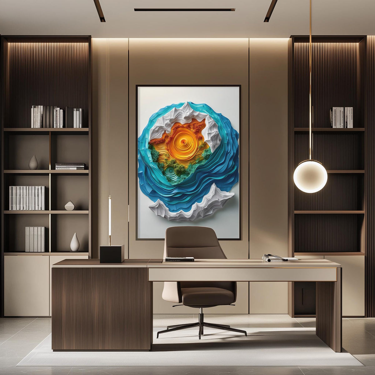 a modern and stylish office space with a large abstract painting of a colorful wave-like shape on the wall. The office features a wooden desk, a comfortable chair, and a bookshelf filled with books. The overall design and decor create a visually appealing and functional workspace.