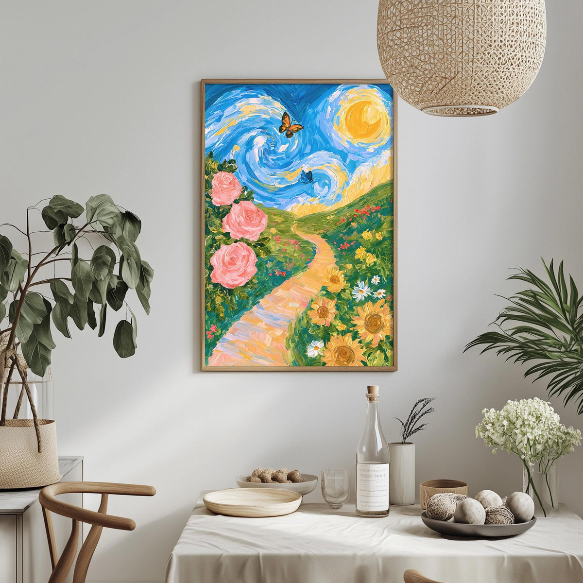 a vibrant painting of a winding path surrounded by flowers and a butterfly, hanging on a wall above a dining table with various decorative items and plants.