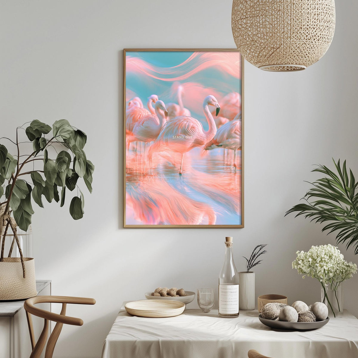 a vibrant and colorful painting of flamingos in a pink and blue water scene, hanging on a wall above a dining table with various decorative items and plants.