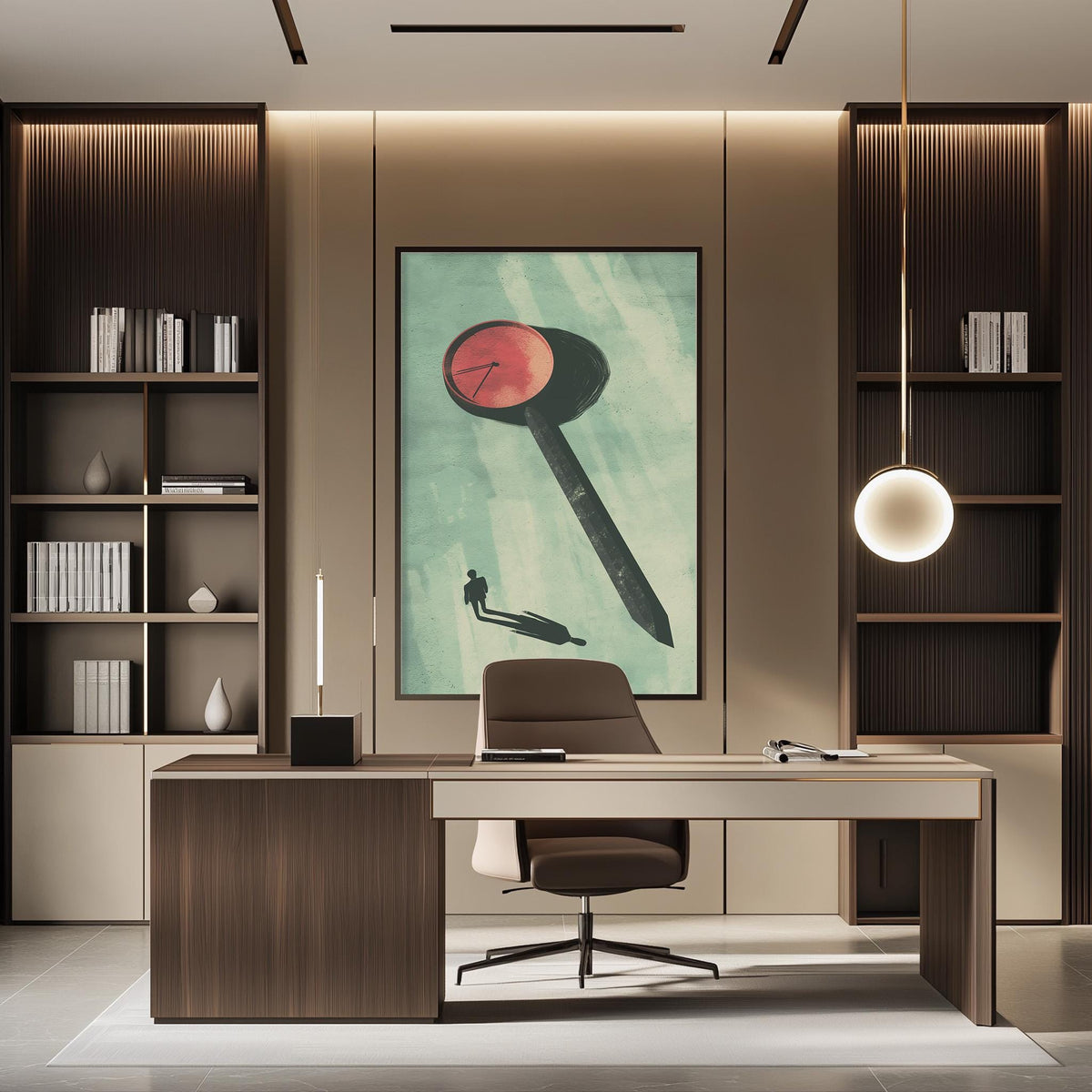 a modern and well-organized office space with a large framed artwork featuring a stylized clock on the wall. The office has a wooden desk, a comfortable-looking chair, and a bookshelf filled with books. The overall design and layout of the space create a professional and inviting atmosphere.