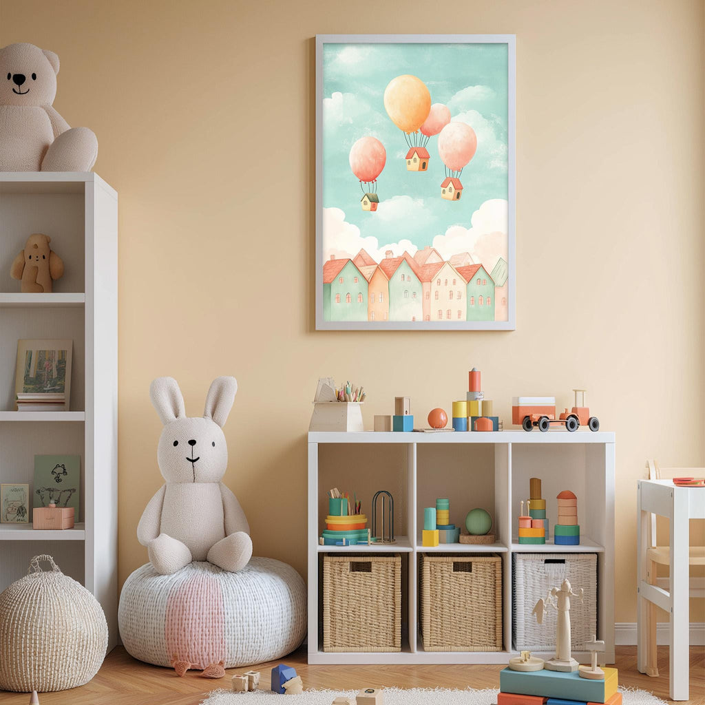 A cozy children's room with a white rabbit sitting on a bean bag chair, surrounded by various toys and storage bins. A framed picture of a whimsical town with hot air balloons is displayed on the wall above the storage bins.