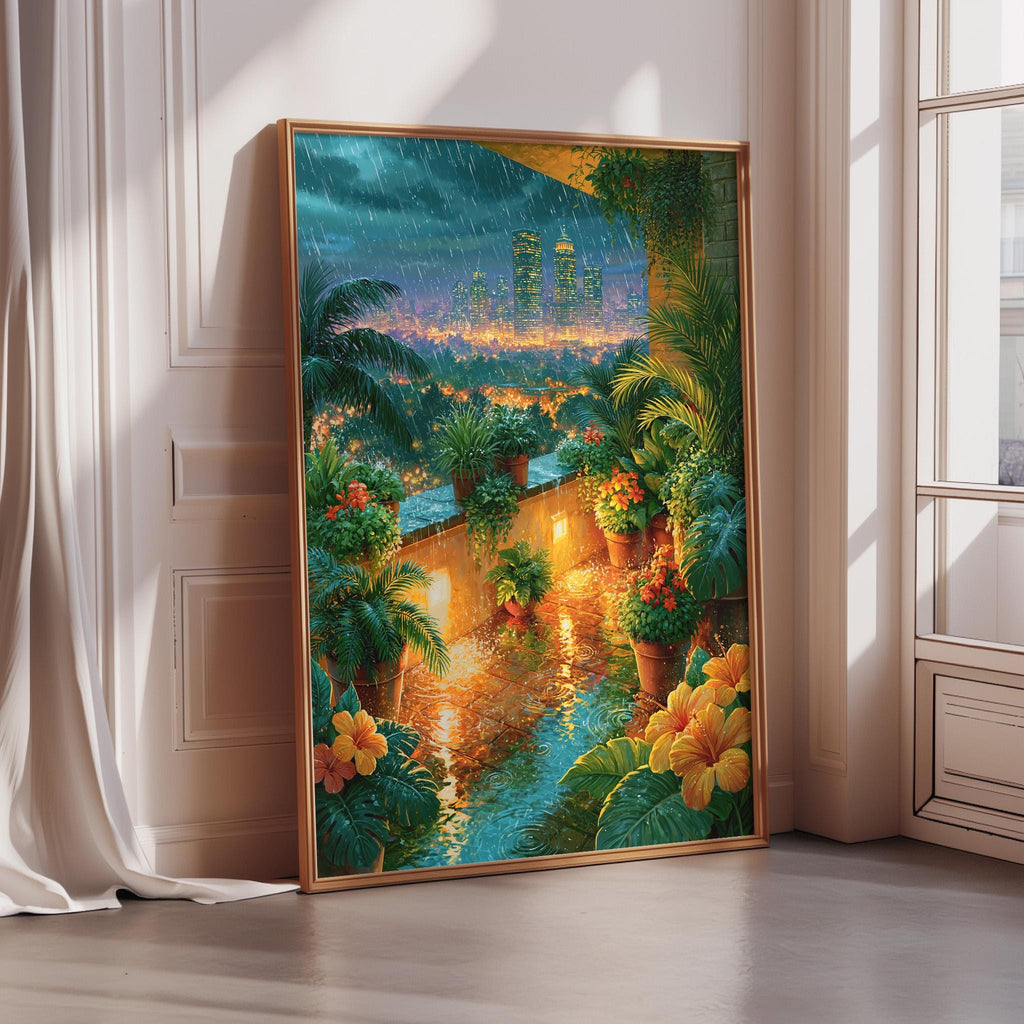 A framed painting depicting a tropical garden scene with palm trees, flowers, and a city skyline in the background, illuminated by warm lighting.