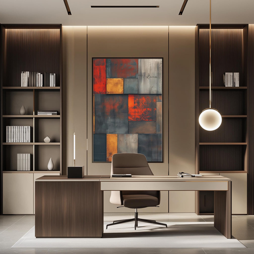 a modern and stylish office space with a large abstract painting on the wall, a wooden desk with a chair, and built-in bookshelves.