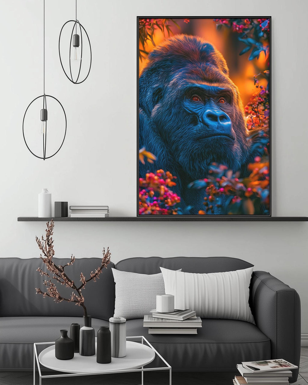 a large, vibrant painting of a gorilla in a lush, colorful forest setting, hanging on a wall above a gray couch in a modern living room.