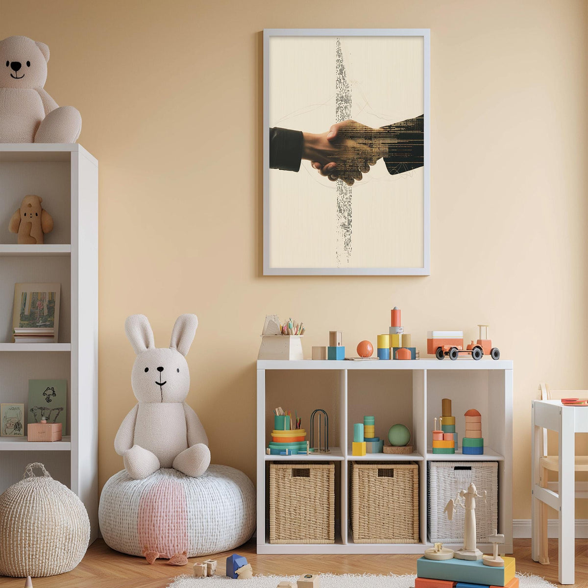 a cozy and colorful children's bedroom with a white bookshelf, a stuffed rabbit, and a toy train. The walls are painted a light peach color, and there is a framed image of two hands shaking above the bookshelf.