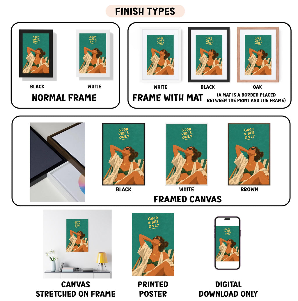 various types of artwork, including framed prints, canvas prints, and digital downloads, each with different finishes and frame types.