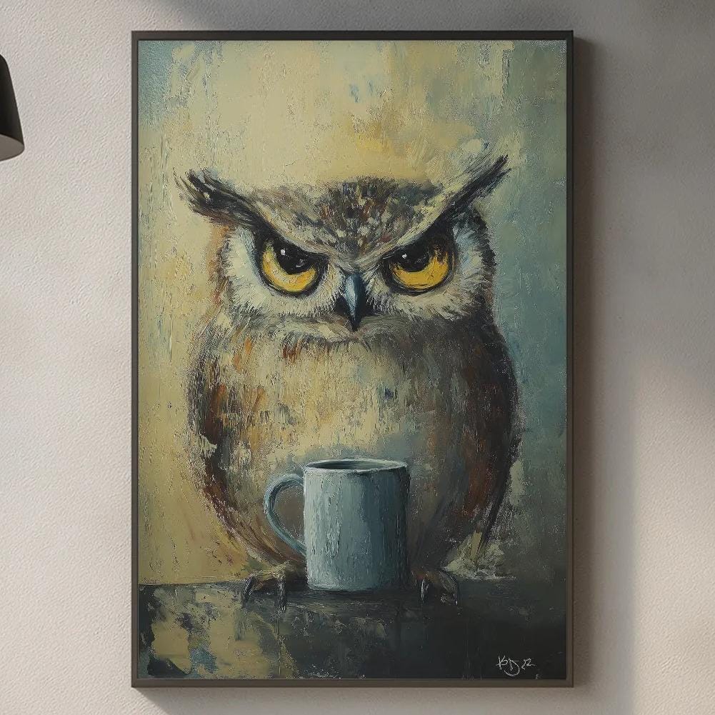 a kitchen scene with a painting of an owl holding a cup of coffee hanging on the wall above a countertop with various kitchen items such as a cutting board, a coffee maker, and a plant.