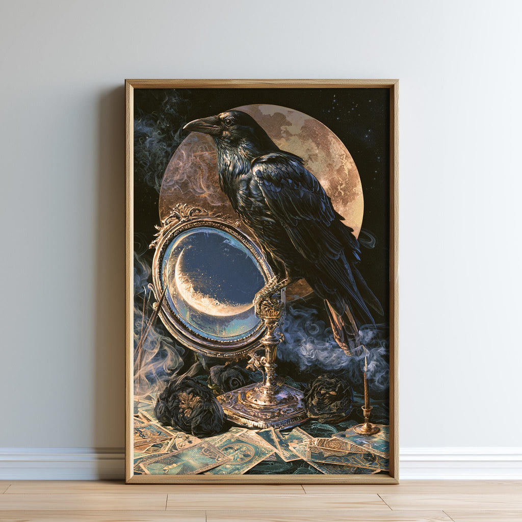The image is a framed painting depicting a black crow perched on a golden candlestick, with a crescent moon and stars in the background.