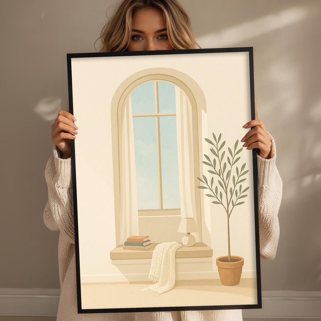 A woman holds up a framed illustration of a window with a plant and books on a windowsill.