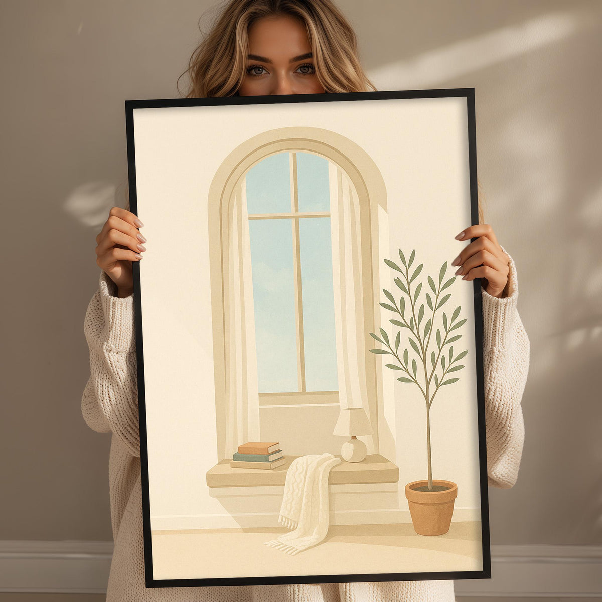 A woman holds up a framed illustration of a window with a plant and books on a windowsill.