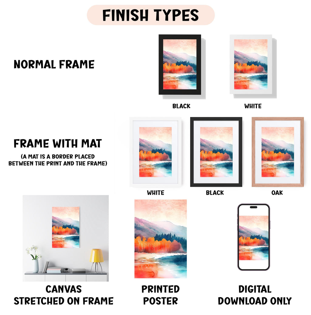 various finish types for artwork, including a normal frame, a frame with a mat, a white frame, a black frame, an oak frame, a white canvas stretched on a frame, a printed poster, and a digital download only.