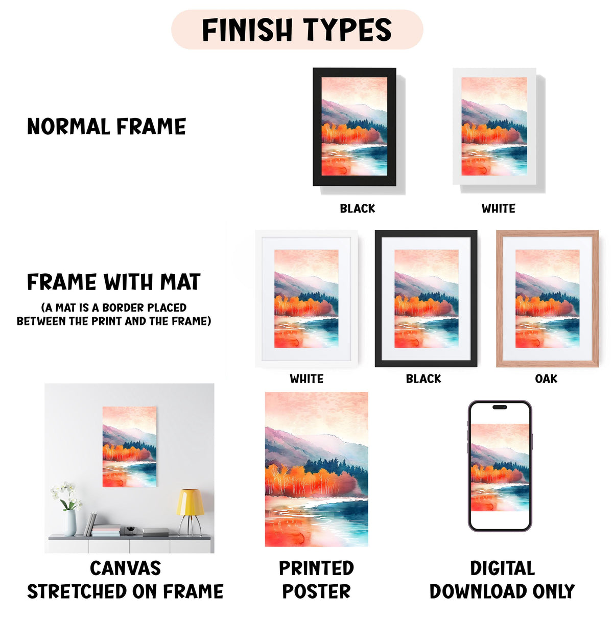 various finish types for artwork, including a normal frame, a frame with a mat, a white frame, a black frame, an oak frame, a white canvas stretched on a frame, a printed poster, and a digital download only.