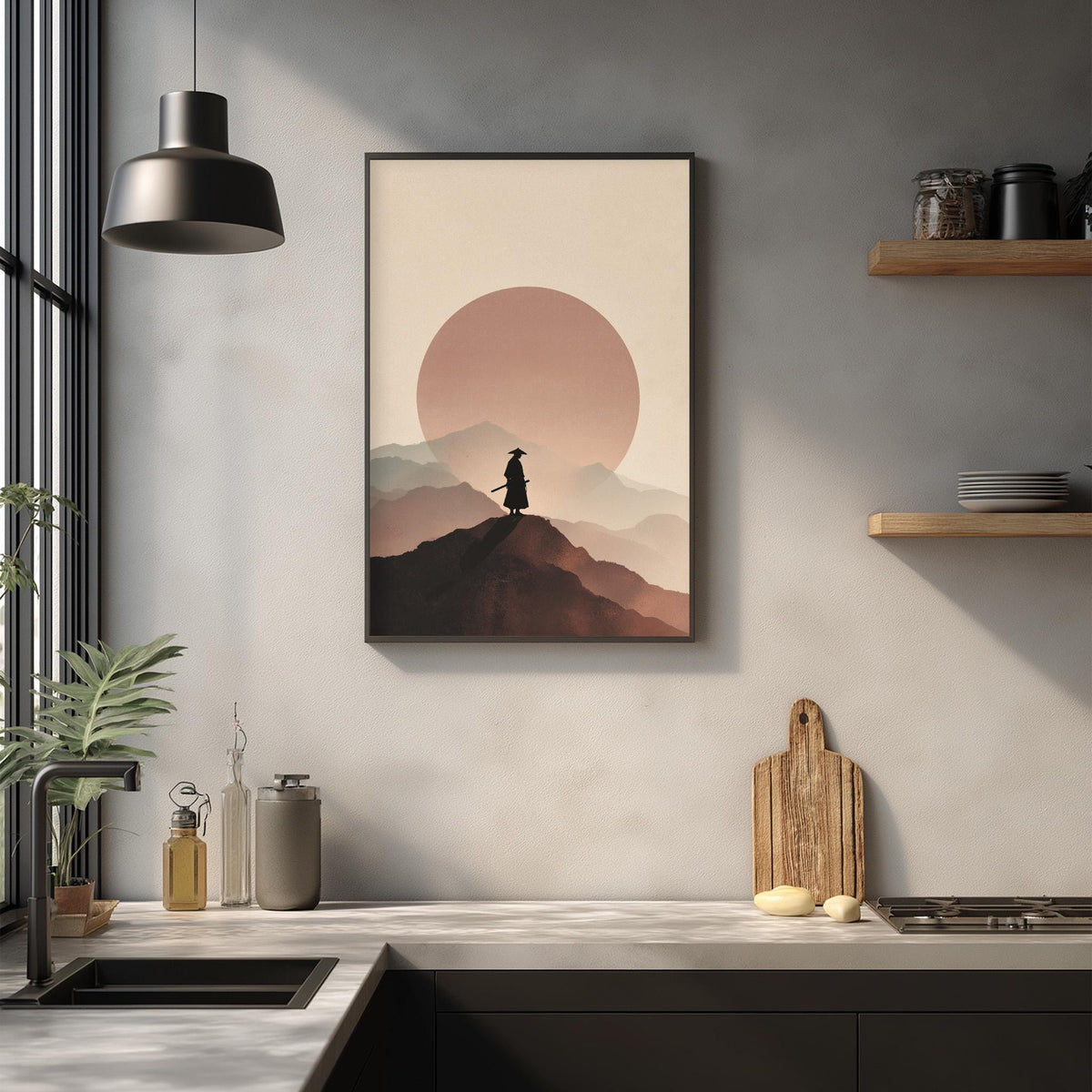 a kitchen counter with a framed picture of a person standing on a mountain peak, a wooden cutting board, and various kitchen items such as a bottle, a vase, and a bowl.