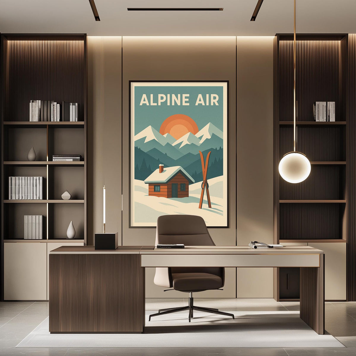 a modern office space with a large framed poster of a snowy mountain landscape hanging on the wall, depicting a cabin and skis. The office has a wooden desk and chair, and there are bookshelves and a lamp in the room.