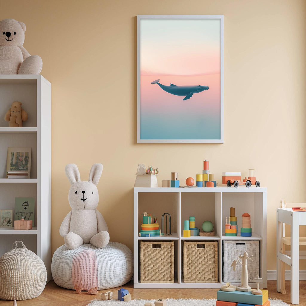 A child's bedroom with a stuffed rabbit, a toy train, and a framed picture of a whale on the wall.