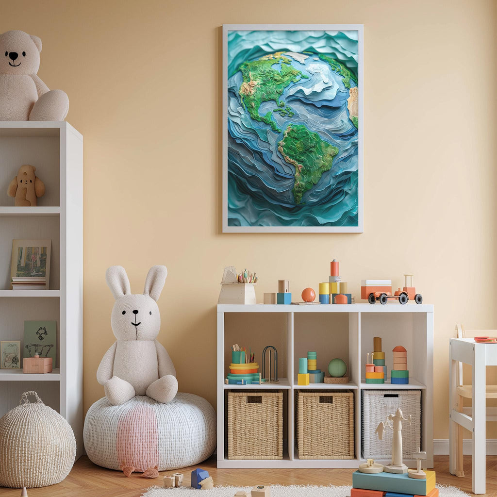 A child's bedroom with a large world map artwork on the wall, a stuffed rabbit, a toy train, and a toy castle.