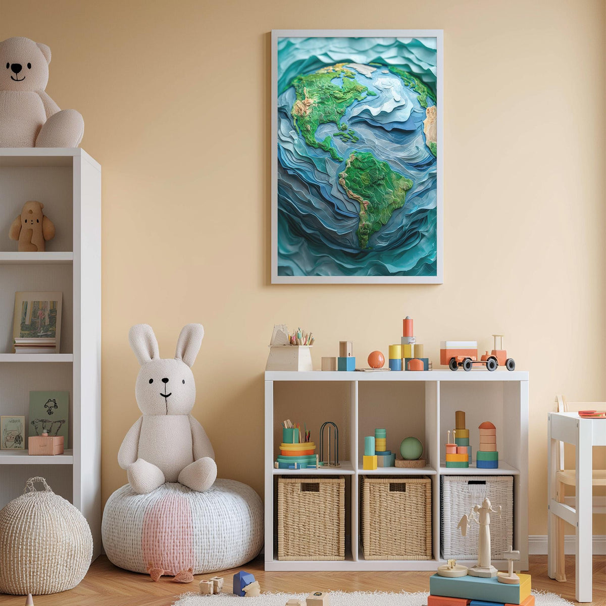 A child's bedroom with a large world map artwork on the wall, a stuffed rabbit, a toy train, and a toy castle.