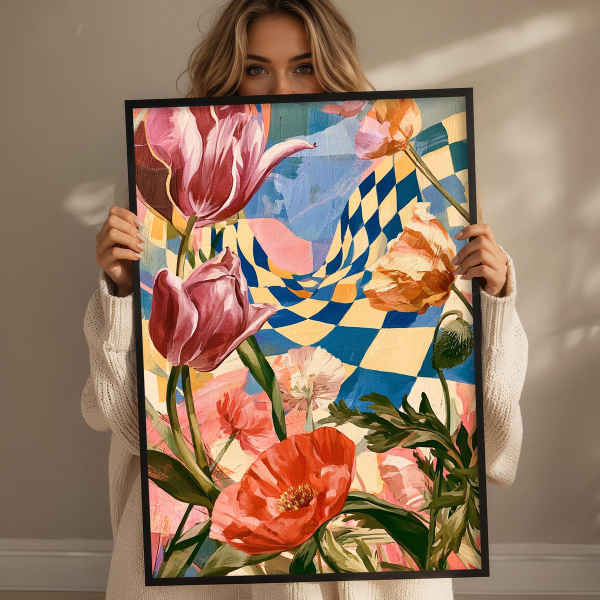 A woman holds up a framed painting of a vibrant floral arrangement, featuring a variety of colorful flowers including tulips, poppies, and other blooms.