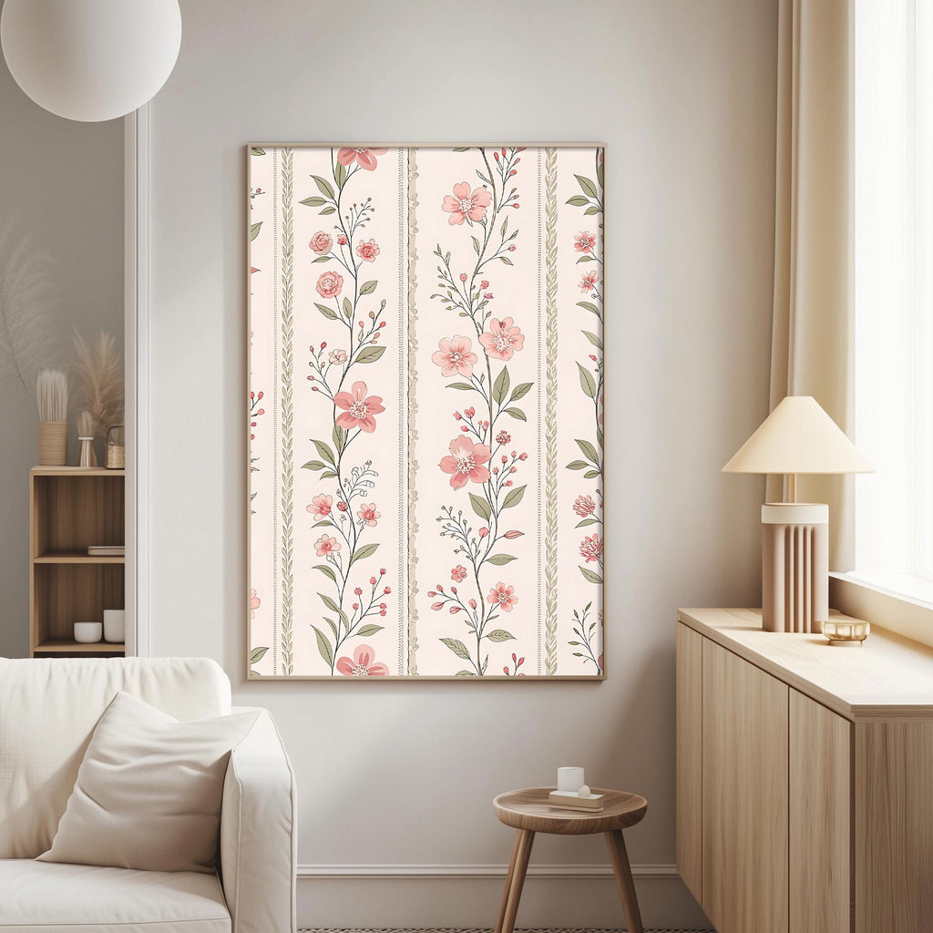 a living room with a white sofa, a wooden side table, and a framed floral print hanging on the wall.