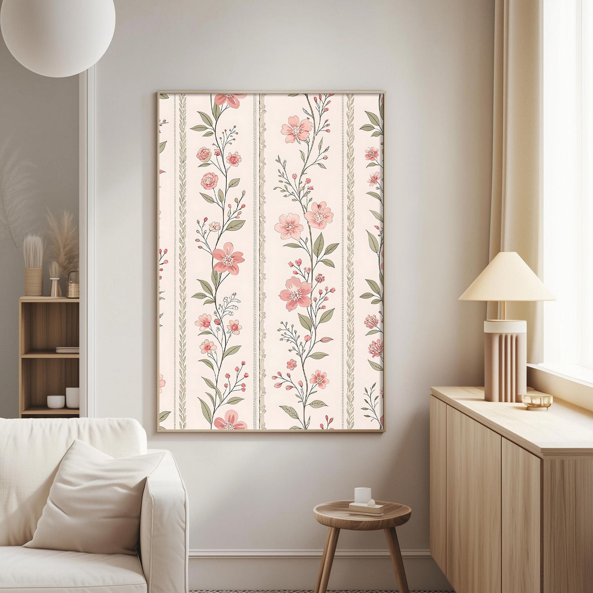 a living room with a white sofa, a wooden side table, and a framed floral print hanging on the wall.