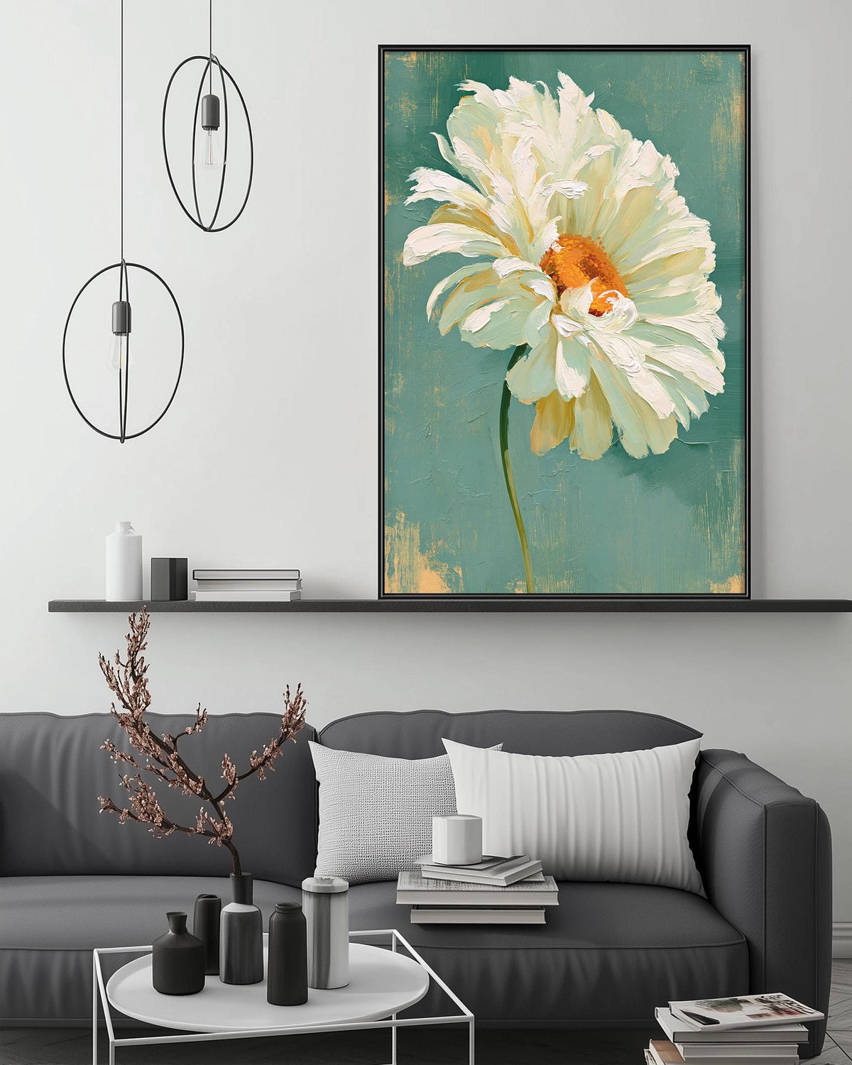 a large, vibrant painting of a white daisy flower hanging on a wall above a gray couch in a modern living room setting.