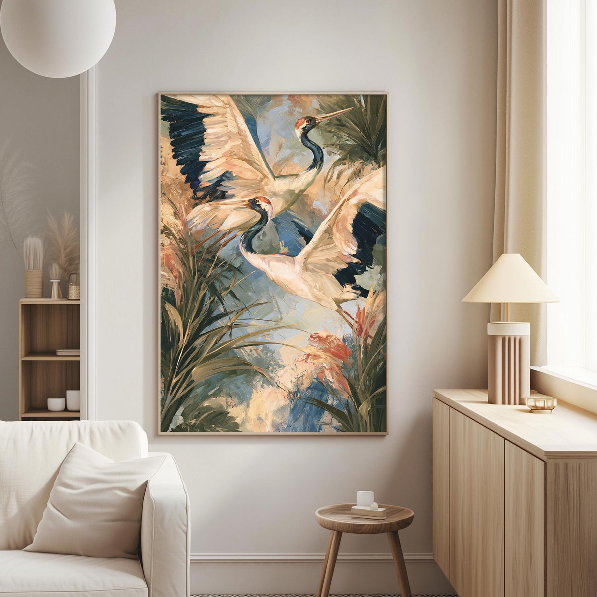 a large painting of two birds in flight, surrounded by lush foliage, hanging on a wall in a living room setting.