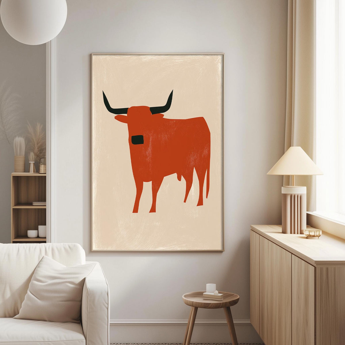 a large, abstract painting of a bull with horns hanging on a wall in a living room.