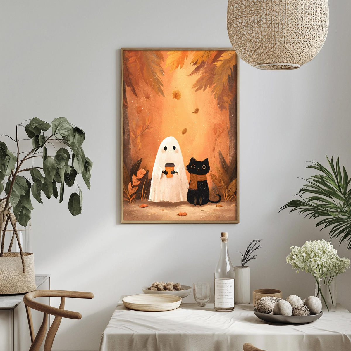 a cozy and whimsical Halloween-themed room with a framed illustration of a ghost and a cat on the wall. The room is decorated with potted plants, a dining table, and various other items, creating a warm and inviting atmosphere.