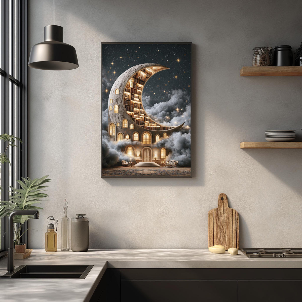 a large framed artwork depicting a crescent moon with a building-like structure on its surface, set against a starry night sky. The artwork is hung on a wall above a kitchen counter with various kitchen items such as a cutting board, a bottle, and a vase.