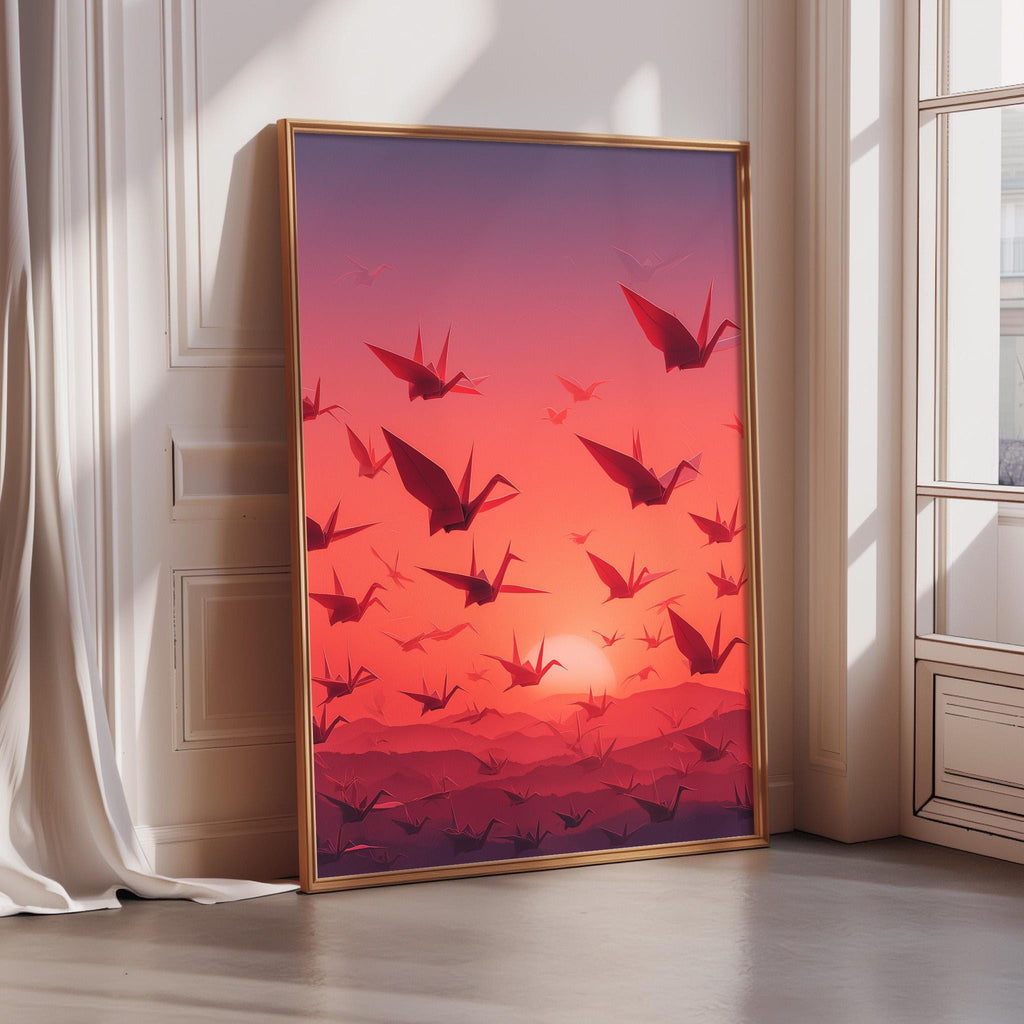 A large framed poster depicting a flock of red origami birds flying against a sunset-like background.
