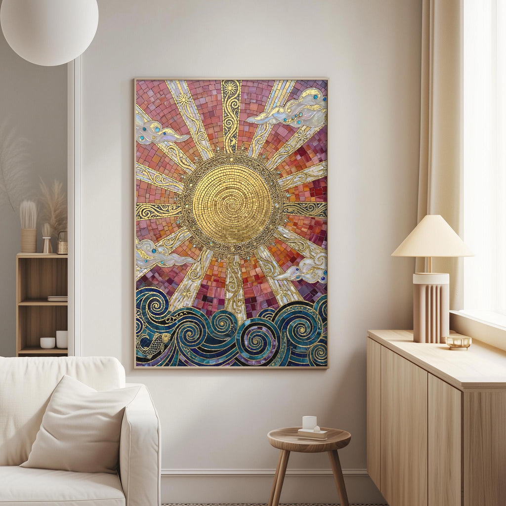 a large, colorful mosaic artwork depicting a sun with swirling patterns and a wave-like design, hanging on a wall in a living room setting.