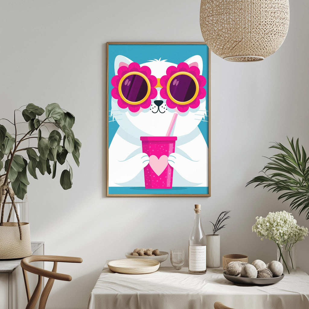 a framed illustration of a cat wearing sunglasses and holding a pink cup with a heart on it, set against a blue background.