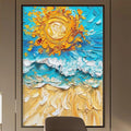a modern office space with a large, colorful painting of a sun and waves hanging on the wall. The office features a wooden desk, a comfortable-looking chair, and a bookshelf filled with books. The overall design and decor create a warm and inviting atmosphere.