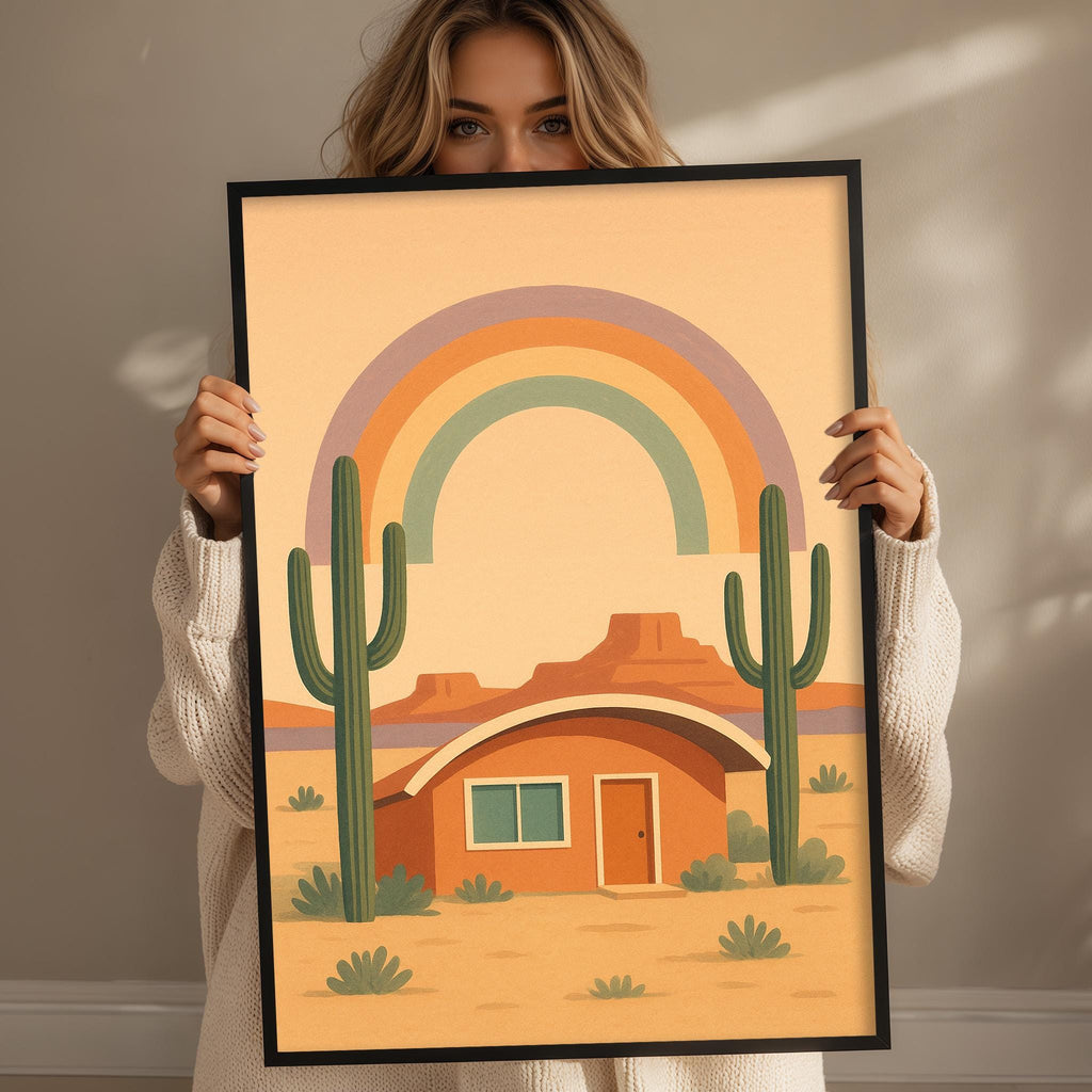A woman holds up a framed illustration of a desert scene with a cactus, a house, and a rainbow in the background.