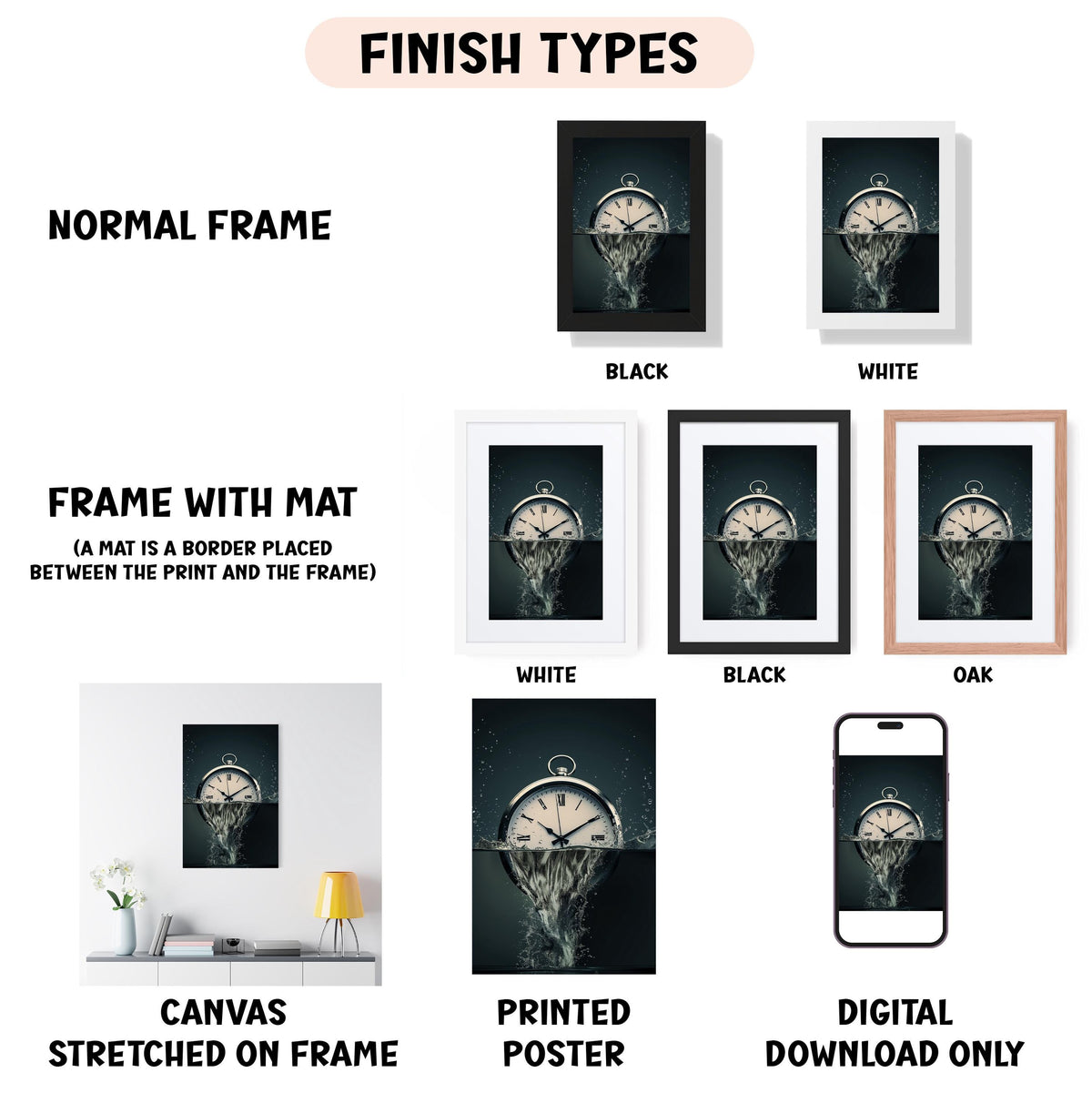 various types of artwork, including a clock, a framed print, a poster, and a digital download. The artwork is presented in different frame styles, such as a normal frame, a frame with a mat, a white frame, a black frame, and an oak frame. The artwork is displayed in different sizes, including a small canvas, a printed poster, and a digital download. The artwork is described in terms of its frame style and size, and it is presented in a collage format.