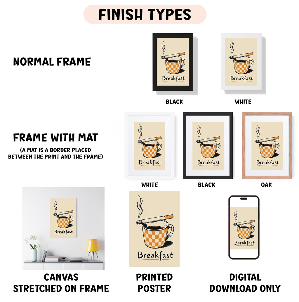 various framed artworks depicting breakfast-related items, such as a cup of coffee and a cigarette. The artworks are labeled with different finish types, including "NORMAL FRAME", "BLACK", "WHITE", "BLACK", "OAK", "CANVAS", "PRINTED POSTER", and "DIGITAL DOWNLOAD ONLY".