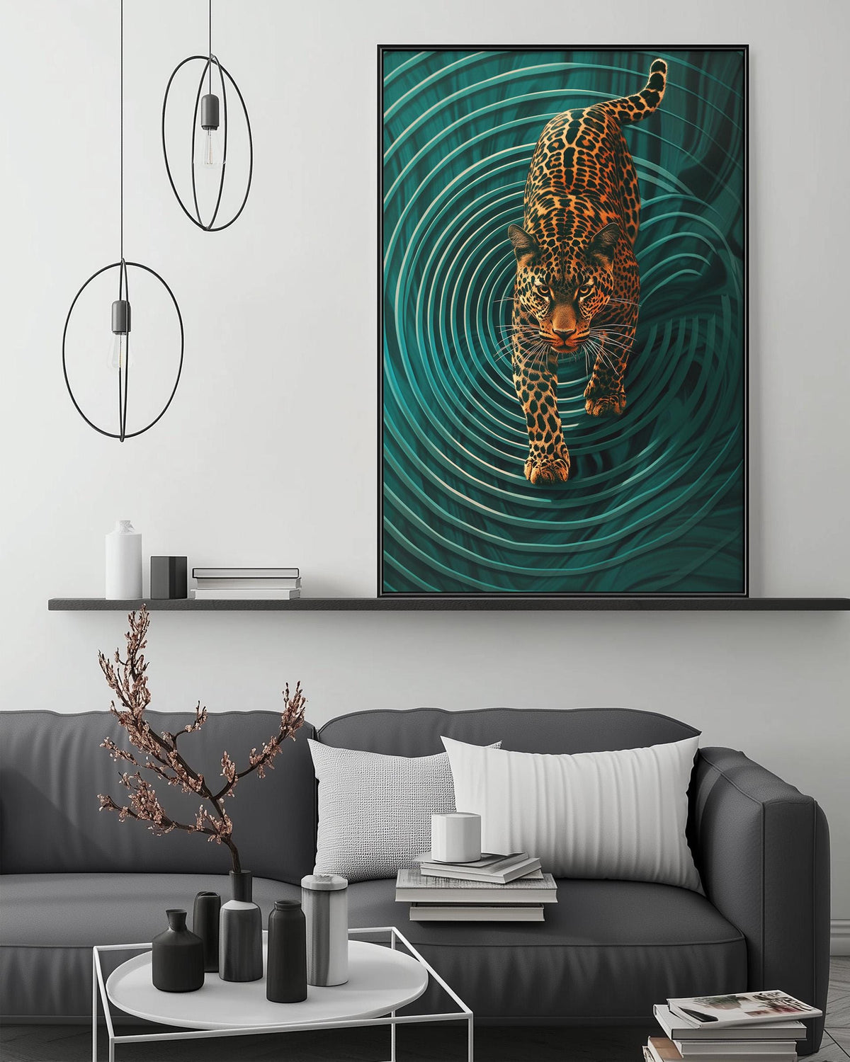 a large, vibrant painting of a leopard walking on a swirling green background, hanging on a wall above a gray couch in a modern living room setting.
