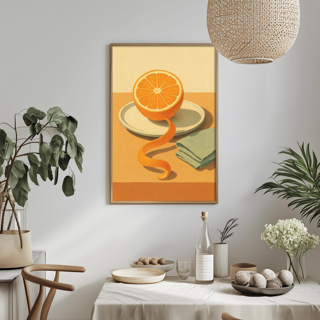 a dining table with a bowl of fruit, a bottle, and a plant, along with a framed painting of an orange peel hanging on the wall.