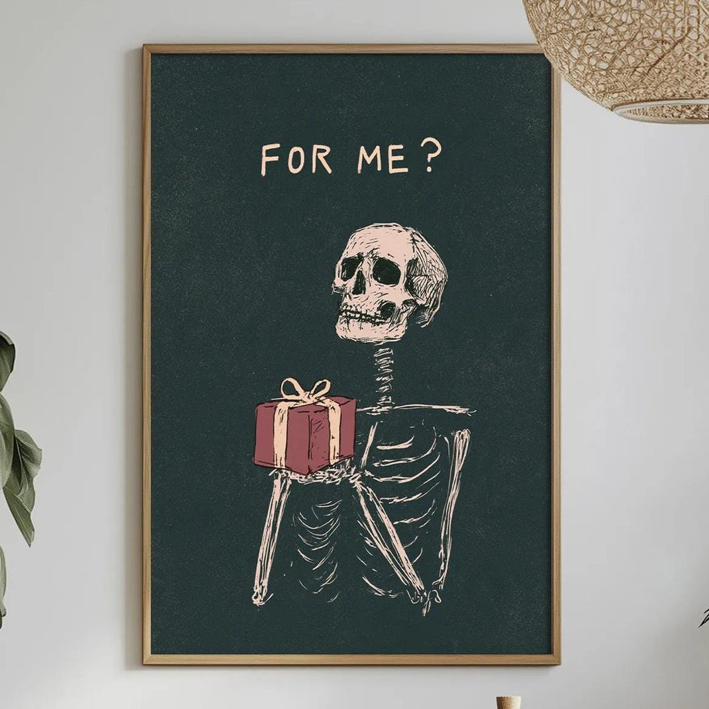a framed illustration of a skeleton holding a gift, with the text "FOR ME?" displayed above it. The scene includes a dining table with a vase of flowers, a potted plant, and a bottle of wine.