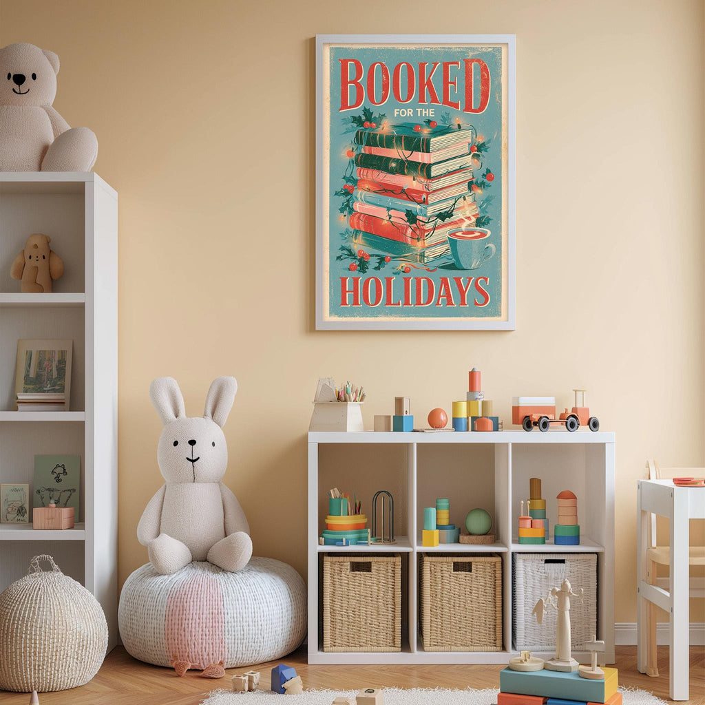 A cozy children's room with a bookshelf, stuffed animals, and a toy train. A framed poster on the wall reads "BOOKED FOR THE HOLIDAYS".