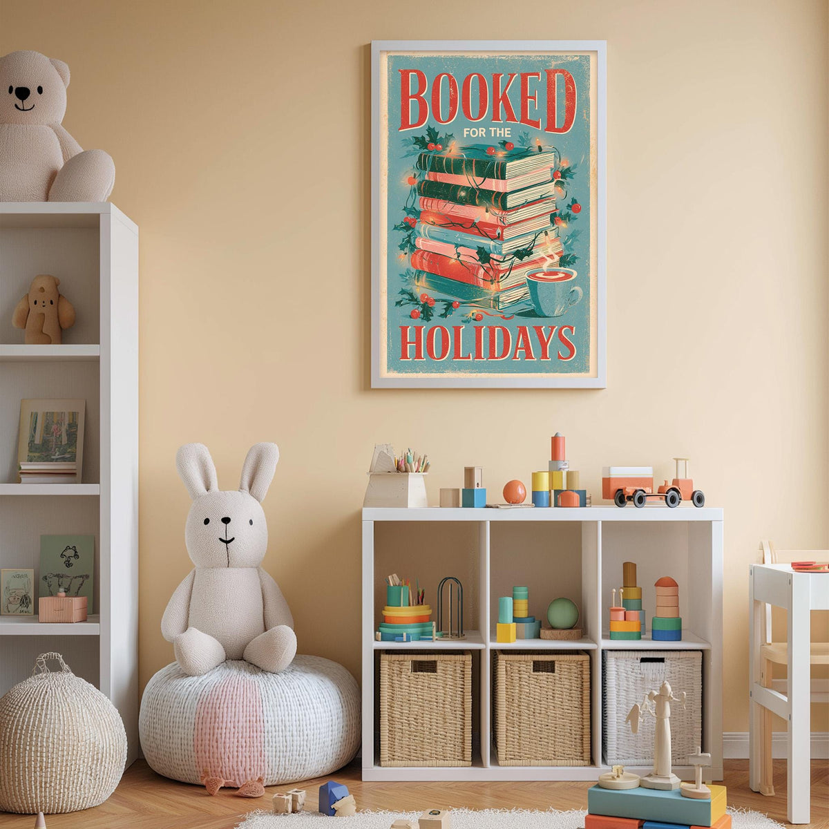 A cozy children's room with a bookshelf, stuffed animals, and a toy train. A framed poster on the wall reads "BOOKED FOR THE HOLIDAYS".