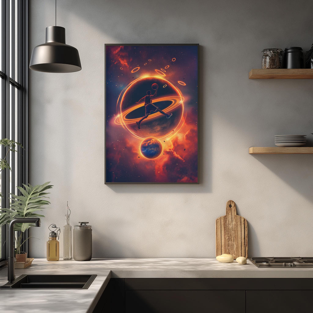 a modern kitchen with a large, colorful painting of a space scene hanging on the wall above a wooden cutting board and other kitchen items.