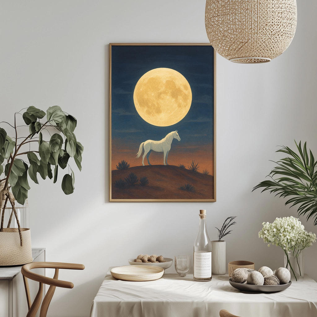 a large painting of a horse standing on a hill under a large full moon, with a dining table and chairs in the foreground.