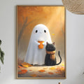 a cozy and whimsical scene with a ghost holding a cup of tea, accompanied by a black cat. The ghost is standing on a bed of leaves, and the cat is sitting next to it. The setting includes a dining table with a bowl of fruit, a bottle, and a vase, creating a warm and inviting atmosphere.